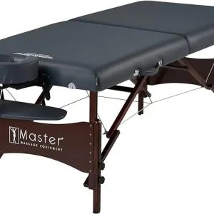 Master Massage Newport Portable Massage Table 76cm Package with Denser 6cm Cushion, Walnut Stained Hardwood, Steel Support Cables, Pillows & Accessories, Royal Blue