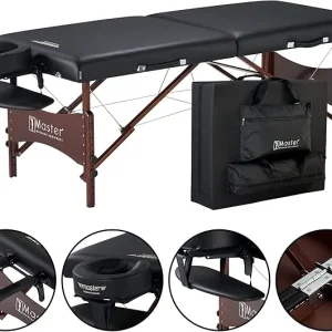 Master Massage Newport Portable Massage Table 76cm Package with Denser 6.3cm Cushion, Walnut Stained Hardwood, Steel Support Cables, Pillows & Accessories (Black)