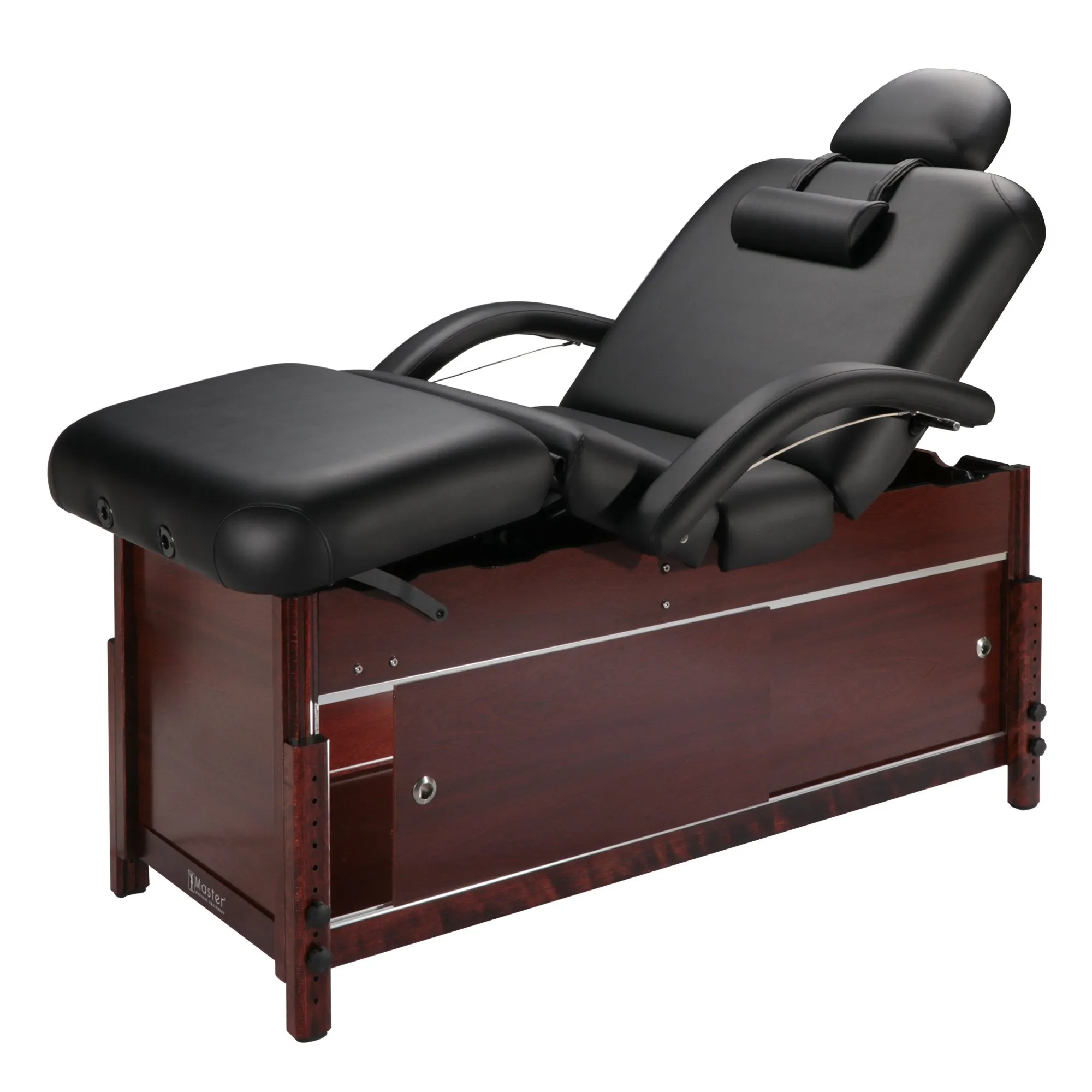 Master Massage 76cm Cabrillo Stationary Massage Table Spa Salon Beauty Bed with Cabinet, Pneumatic Backrest and Leg Rest, Black with Walnut Legs