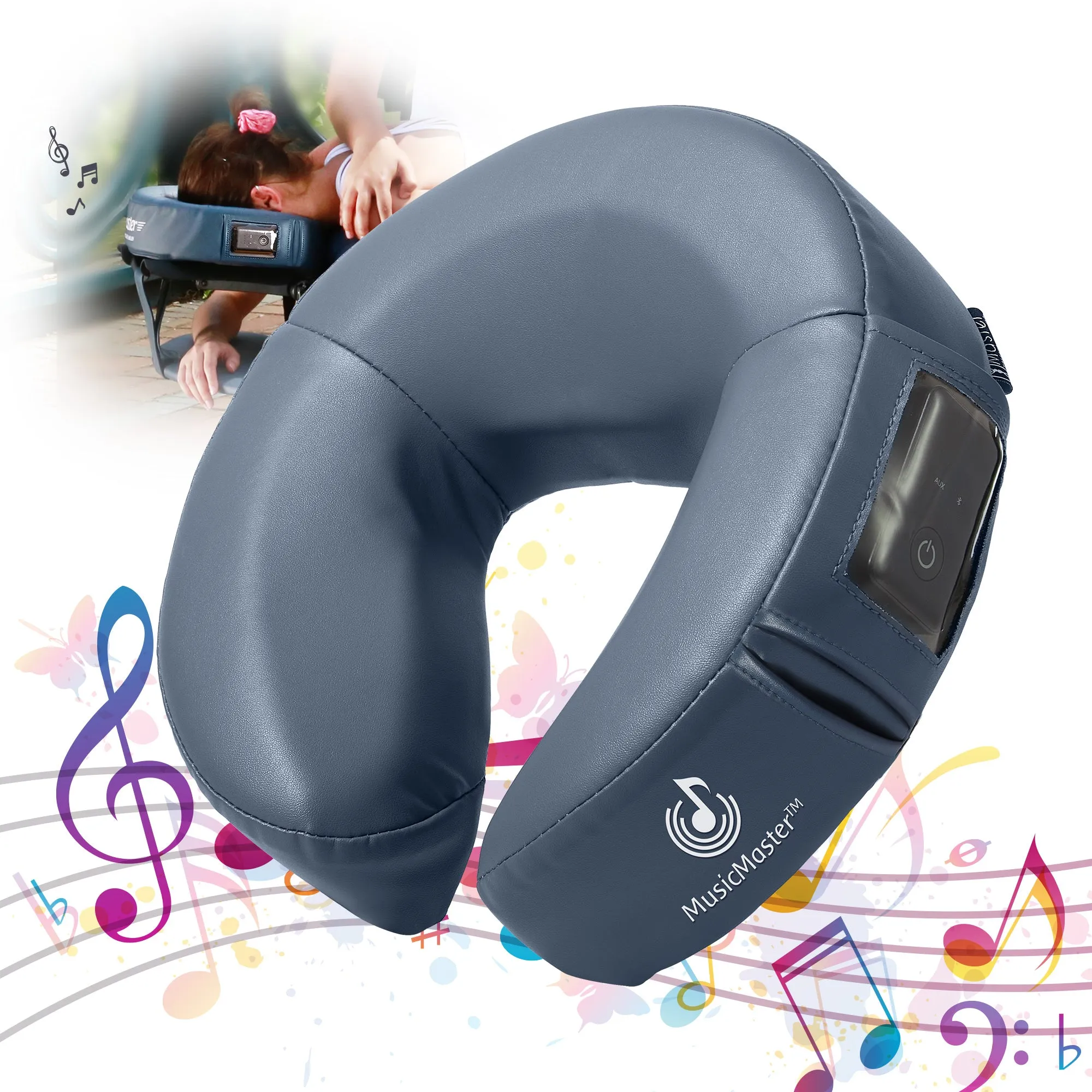 Music Master Crescent Round High Fidelity Sound Face Cradle Cushion- Bluetooth Massage Pillow-Music Headrest Cushion Pad Musical Neck Support for Massage Tables. Royal Blue Colour