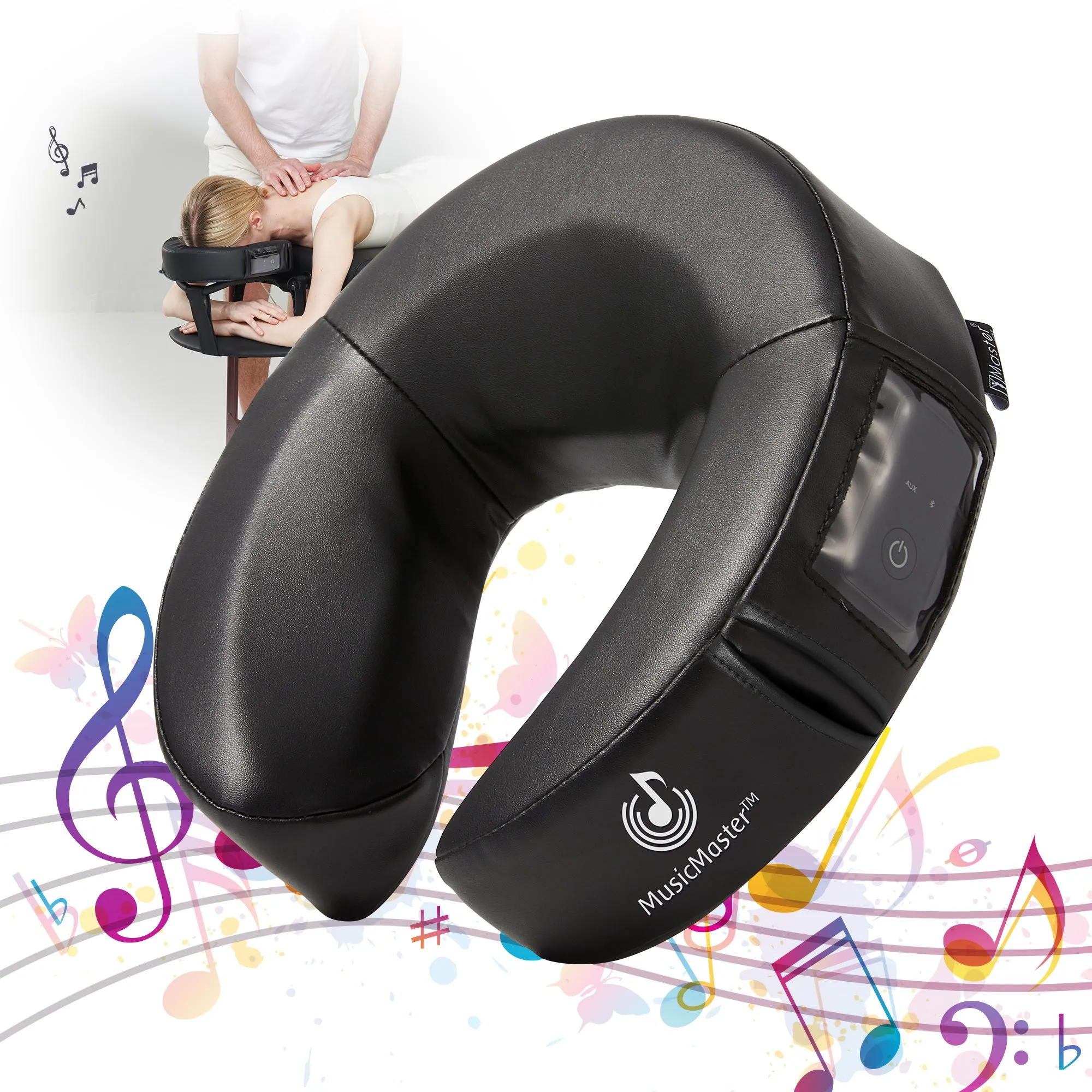 Music Master Crescent Round High Fidelity Sound Face Cradle Cushion- Bluetooth Massage Pillow-Music Headrest Cushion Pad Musical Neck Support for Massage Tables. Black